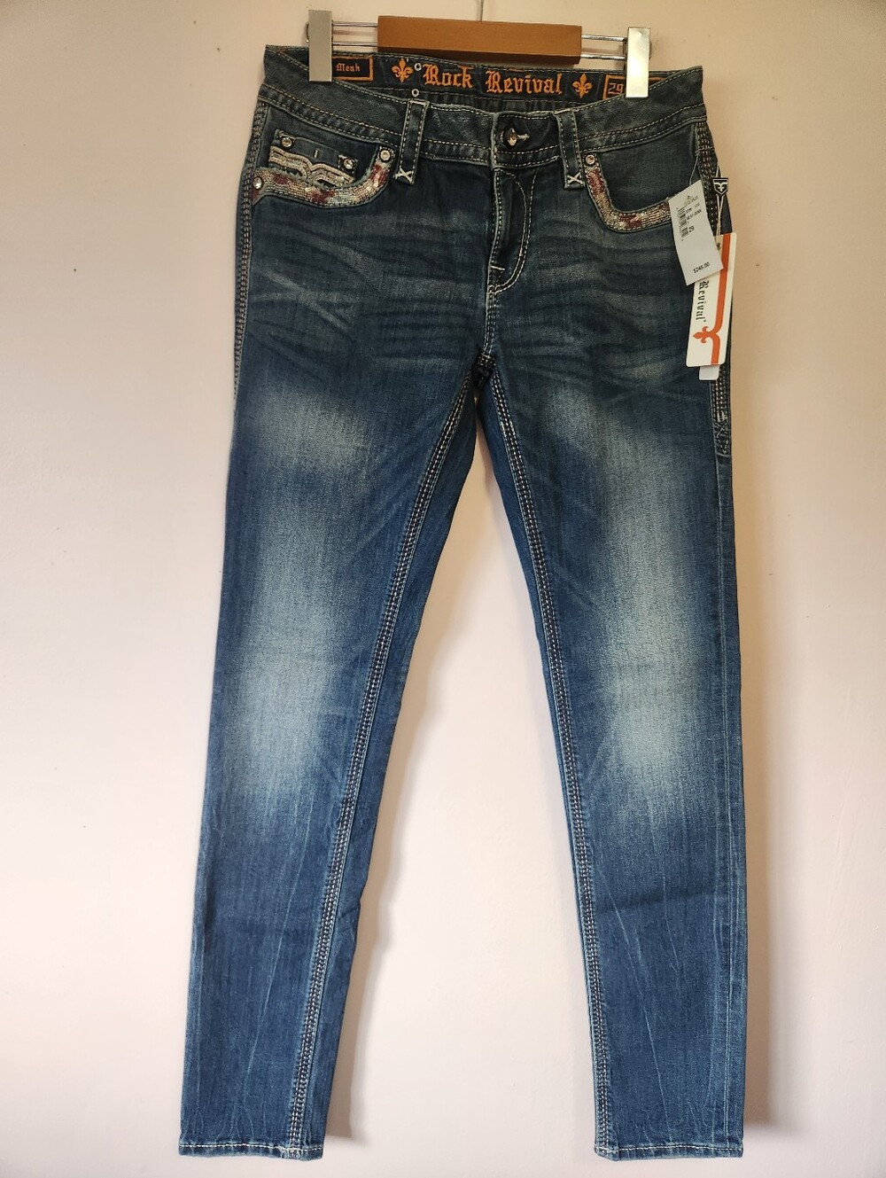 NWT Rock Revival Meah Skinny Jeans Rhinestone Embroidered Fleur De Lis Size 29